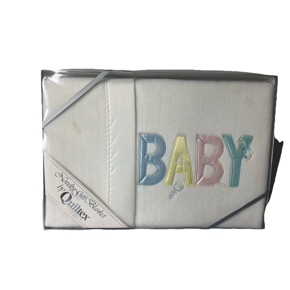 Vtg Quiltex Baby Blanket White Acrylic Satin Trim Soft 36x50 In Gift Box